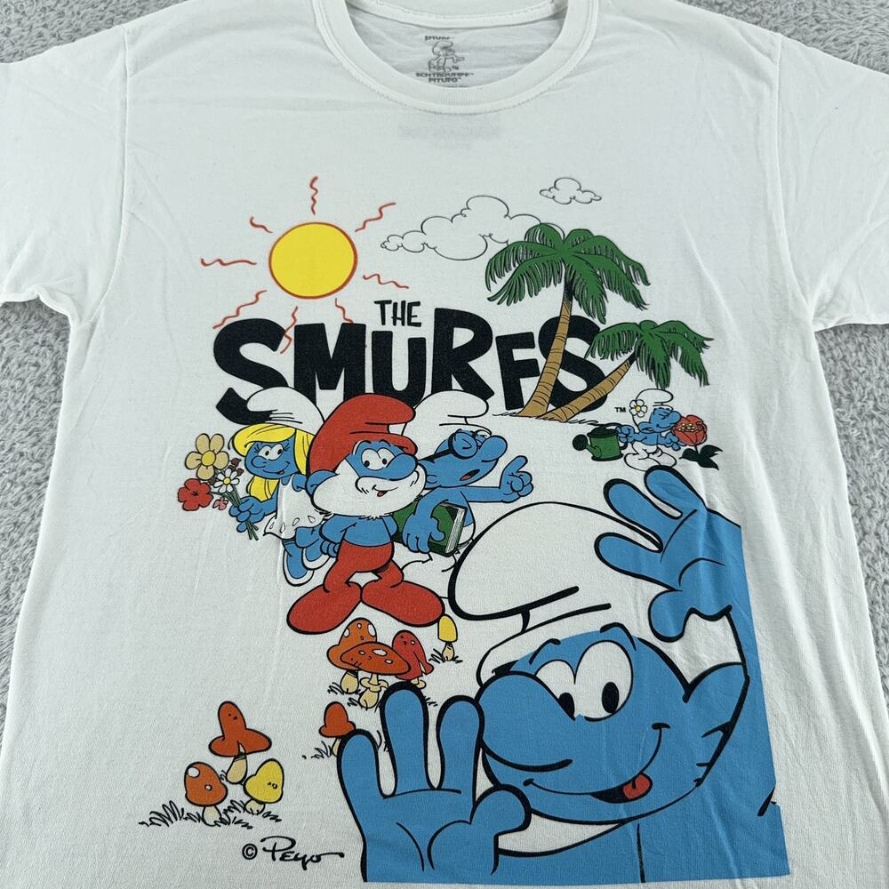 The Smurfs Shirt Mens Small White Cartoon Graphic Tee Papa Smurf Vintage Style